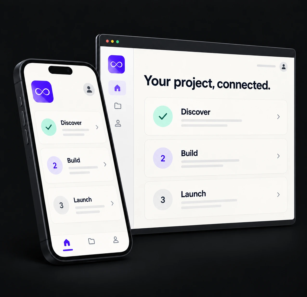 Concept mobile and web app interfaces for a connected client project portal, illustrating custom app design and development.