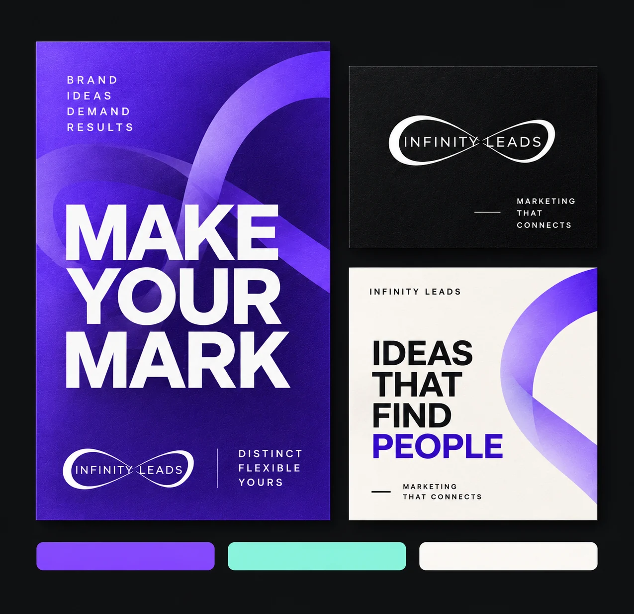 Infinity brand identity applied to a violet Make Your Mark poster, a black brand card, and an ivory Ideas That Find People campaign, with coordinated color swatches.