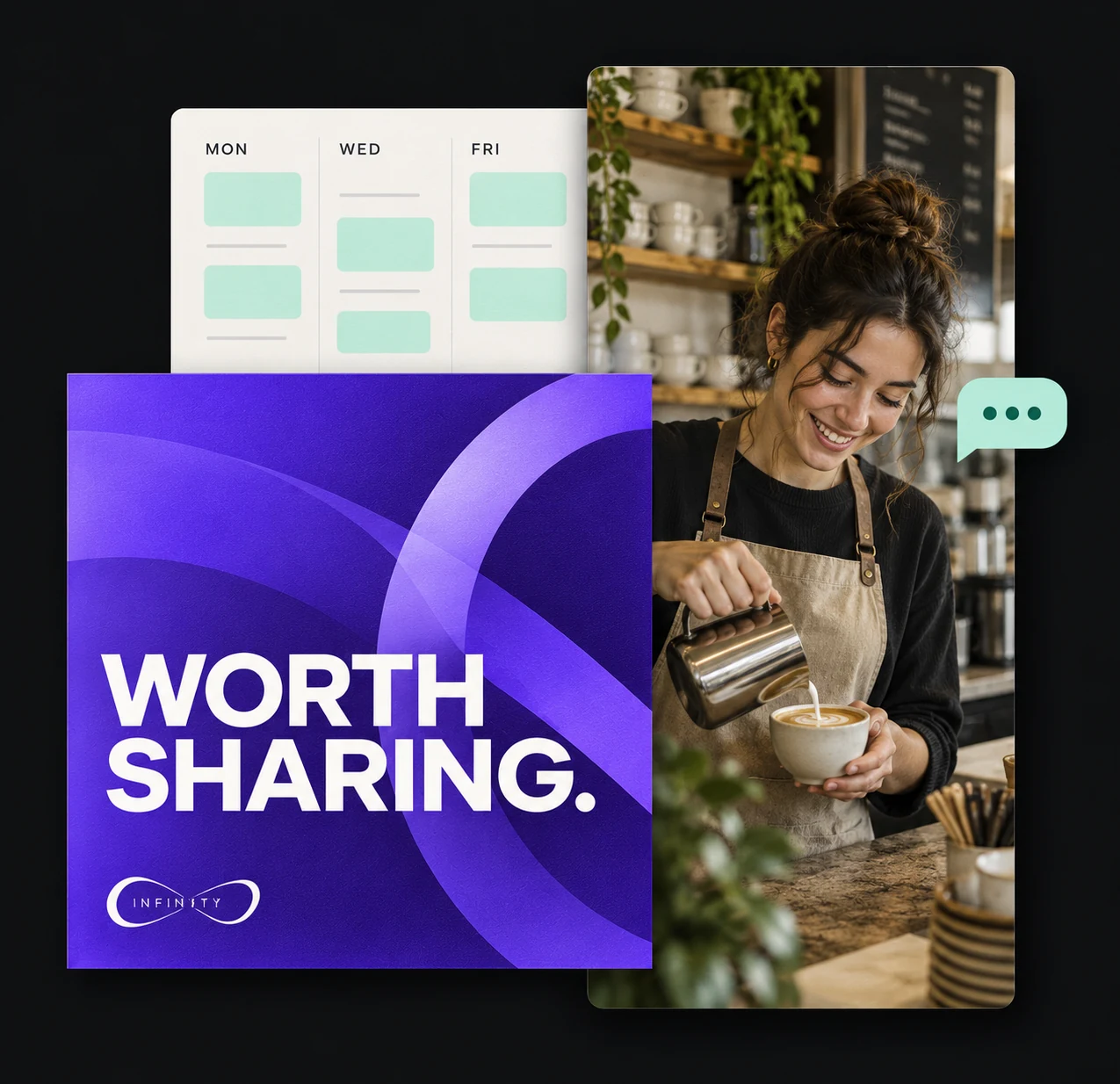 Coordinated social post concepts, a vertical reel, and a weekly publishing planner demonstrating original content and consistent social media management.