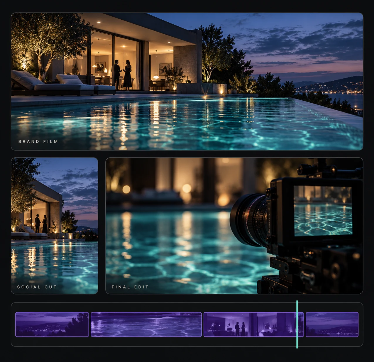 A cinematic poolside brand film concept presented alongside a vertical social cut and an editing timeline, illustrating video production across formats.