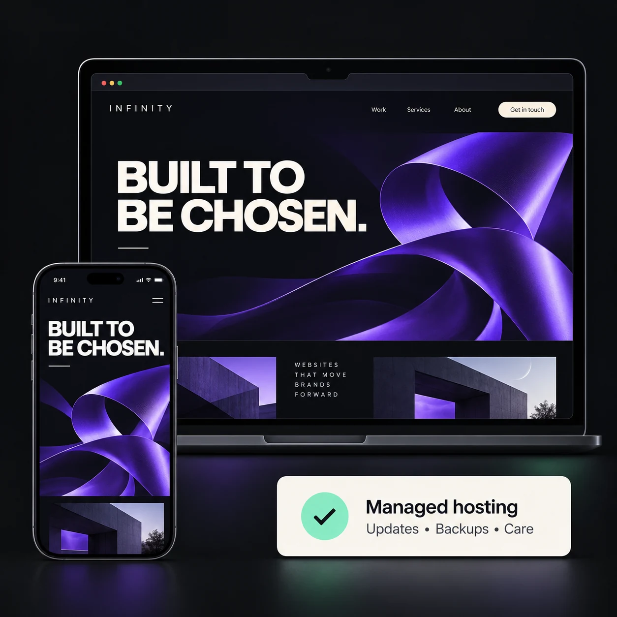 Matching desktop and mobile website concepts with a managed-hosting status panel, illustrating responsive website design and ongoing care.